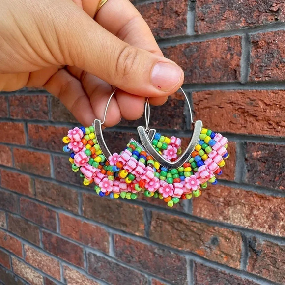 Anthropologie Multi Colored Beaded Hoop Earrings - Picture 8 of 11